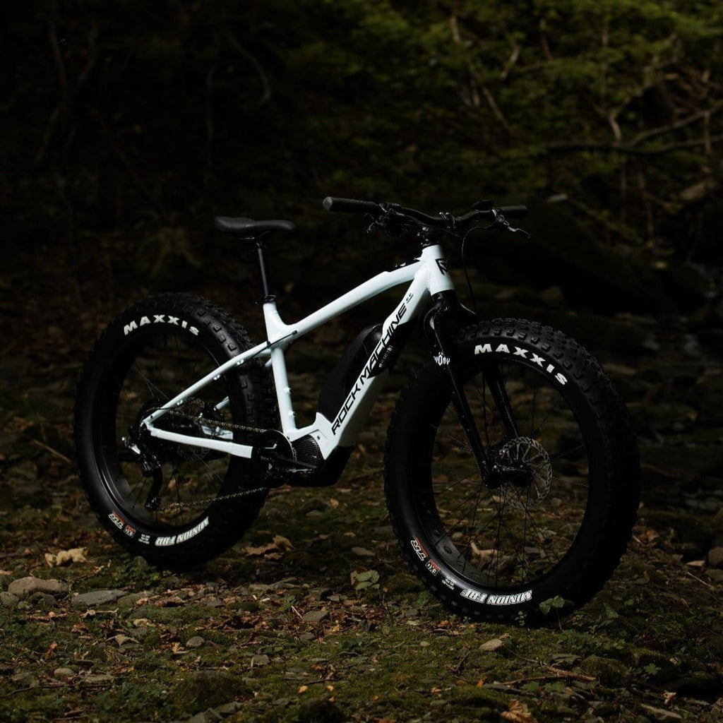 SÄHKÖPYÖRÄT.NET Rock Machine Pyöry E50R e-fatbike, jossa on paksut Maxxis-renkaat ja Shimano EP6 -moottori, seisoo kivikkoisella, lehtien peittämällä metsänpohjalla, jota kehystää tumma, sumea puiden tausta.